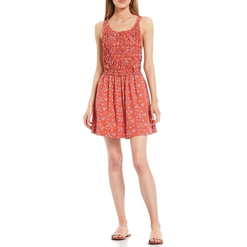 Free People Floral Print Texture Piecing Front Scoop Neck Dress Size Small New
